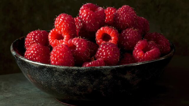 Ripe red raspberries filling a dark ceramic bowl, A dark ceramic bowl filled with plump, ripe red raspberries