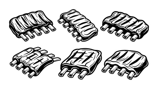 Collection of six hand-drawn illustrations of various styles of pork ribs, perfect for barbecue and grill themes.