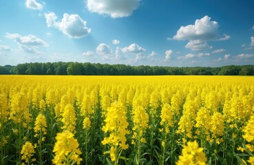 Obraz premium Vast yellow rapeseed field under bright blue sky with fluffy clouds. Green trees form a distant line separating farm land from sky. Sunlight warms blooming flora.