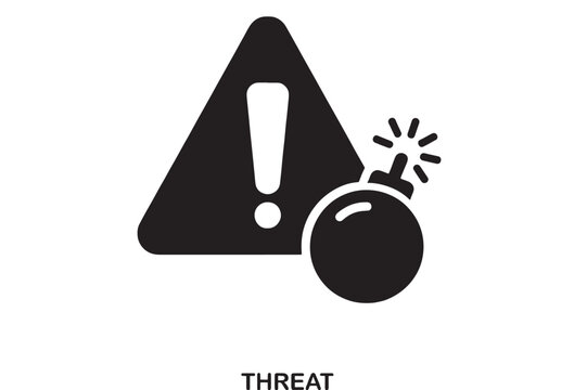 Black flat design icons of a lit bomb next to a warning triangle with an exclamation mark, symbolizing danger or threat