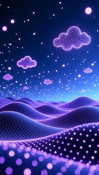 A serene digital landscape with rolling hills and clouds under a starry night sky