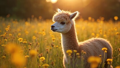 Obraz premium Fluffy alpaca stands in a sunlit meadow filled with yellow flowers. Warm golden hour light illuminates the gentle creature grazing in nature.