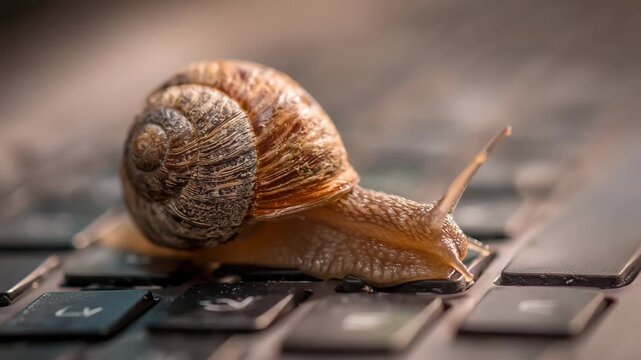 Snail on keyboard representing slow internet speed, A snail positioned on a keyboard represents the idea of sluggish internet speed