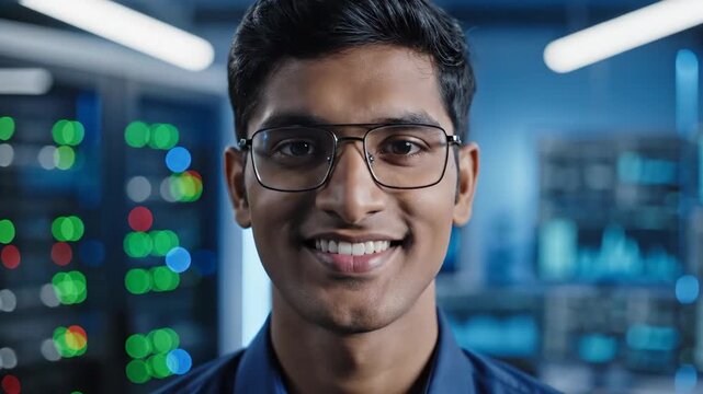 Young Man With Glasses Smiling in Server Room With Blurry Blue Lights and Screens Displaying Data