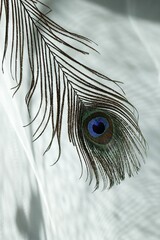 Elegance Peacock Feather Close-up on White Textured Background with Light and Shadows.