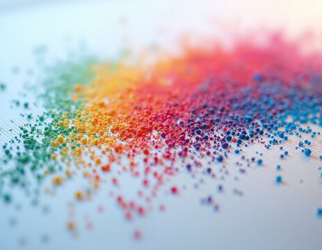 Bright colored powder particles form a spectrum on a white grid. Small dots form a gradient from green to yellow to orange red to blue, symbolizing ideas.