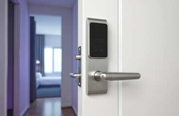 Open hotel room door with electronic lock, key card reader, and chrome handle. Interior hallway leads to bedroom with bed and window. Modern access security system.