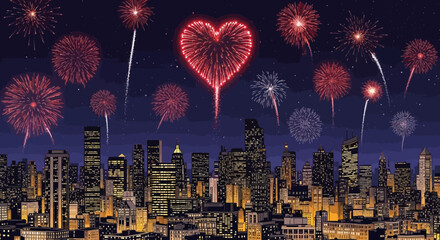 Fototapeta premium A vibrant night scene of a city skyline illuminated by a spectacular display of fireworks, including a large red heart-shaped firework.