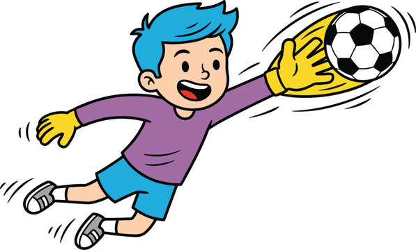 Cartoon boy goalkeeper diving to catch soccer ball in dynamic sports illustration isolated on white background vector design