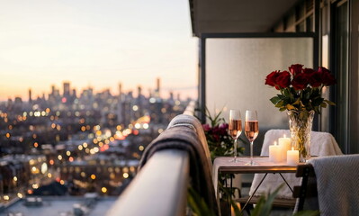 Generated ai Romantic evening on a luxury balcony with red roses, champagne glasses, and lit candles overlooking a blurred city skyline at sunset, high-end lifestyle photography.