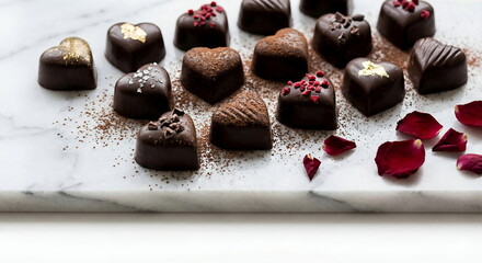 Generated AI image of luxury handmade heart-shaped dark chocolate pralines with various gourmet toppings like gold leaf, dried raspberries, sea salt, and cocoa powder arranged on a white marble surfac