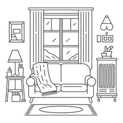 Fototapeta premium A cozy living room interior illustration depicting a comfortable sofa with a blanket, a window overlooking a winter landscape, and a heater, highlighting warmth and comfort