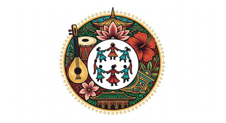 Vibrant indian folk dance illustration with musical instruments and flowers in a circular frame