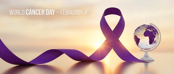 World cancer day concept with purple ribbon on globe for international awareness in February 4th and prevention campaign for public health