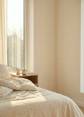Generated ai: Cozy Minimalist Bedroom in Warm Morning Sunlight featuring Unmade Bed with Linens and Coffee Mugs by the Window.