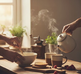 Generated AI: Warm Morning Ritual with Steam Rising from Tea and Breakfast, Featuring Hand-Poured Teapot and Stirred Porridge in a Cozy, Sun-Drenched Rustic Kitchen Setting.