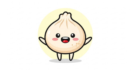 Obraz premium Cute dumpling character with open mouth and rosy cheeks standing on white background with yellow circle