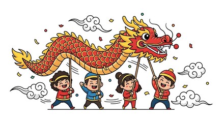 Obraz premium A colorful illustration of children carrying a dragon during a festive celebration with confetti