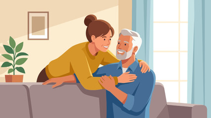 Obraz premium Young Woman Hugging Elderly Man in Cozy Home Setting