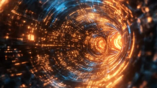Abstract digital tunnel glowing orange and blue circular light patterns