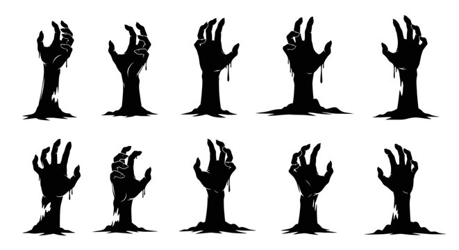 Set of Spooky Halloween Zombie Hands Emerging from Dark Ground - Vector Silhouette