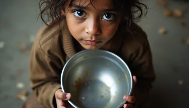 Child holds empty bowl looking up with pleading eyes. Implies hunger and need for food. Hope for charity or aid. Represents poverty and suffering globally. Focus on innocence and vulnerability.