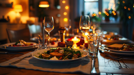 cozy family gathering with beautifully set dining table, featuring delicious food and warm lighting
