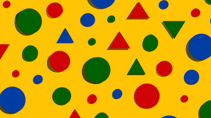 Bright yellow background with colorful geometric shapes like circles, triangles, and squares, creating playful design