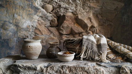 Indigenous culture inspired still life with handcrafted pottery and textiles