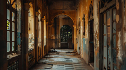 Abandoned corridor with peeling walls and broken windows, evoking nostalgia