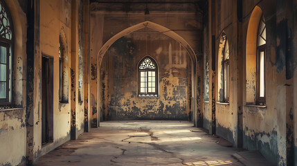 spacious, abandoned room with peeling walls and arched windows, evoking sense of nostalgia and history