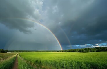 Fototapeta premium Double rainbow arches across green meadow under stormy sky after rain. Dirt path leads through tall grass towards distant forest and farm buildings. Sunlight breaks through dark clouds.