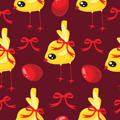 Naklejka premium seamless pattern with Easter bright yellow chickens with a red bow on their tails and Easter eggs on a red background, for printing, textiles or social media