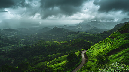 Lush green hills and winding roads under dramatic clouds in Maharashtra