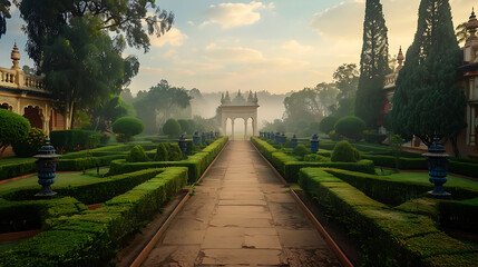 serene garden pathway leads to ornate archway, surrounded by lush greenery and misty ambiance