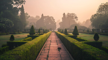 Lush garden pathway with symmetrical hedges and trees at sunrise