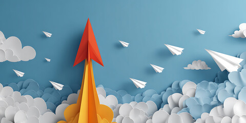 Paper rocket launching into sky, symbolizing business start up and innovation