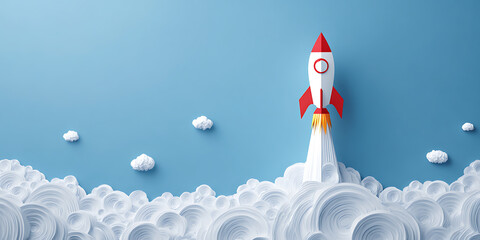 Rocket launch concept with clouds, symbolizing business start up success