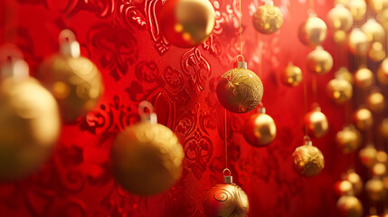 Red background with golden Christmas ornaments hanging, creating festive atmosphere