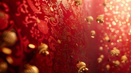 Elegant red embossed pattern with golden accents, perfect for celebrations