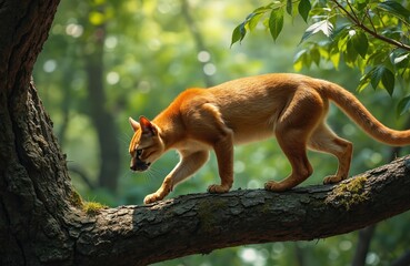 Fototapeta premium Fossa cat-like carnivore animal walking on thick tree branch in green forest. Wild predator hunts in Madagascar jungle nature environment. Fossa moves carefully on bark.