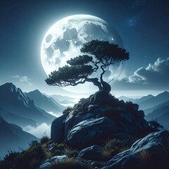 A serene landscape with a large moon