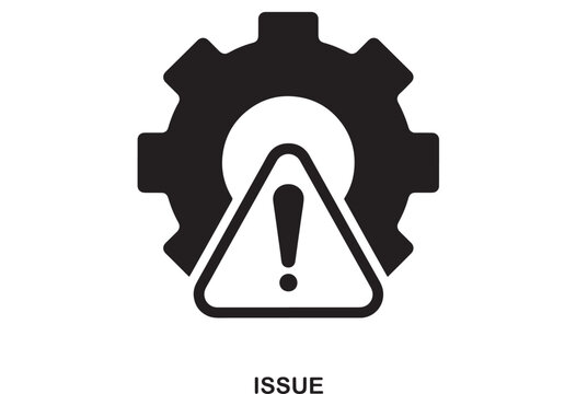 Black solid gear icon behind a white triangle with black border and exclamation mark, symbolizing technical issue or warning.