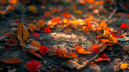 Fallen leaves and petals create romantic nature background, evoking warmth and tranquility