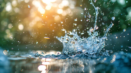 beautiful water splash captured in sunlight, showcasing crystal clear droplets and vibrant reflections