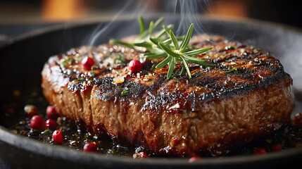 Juicy steak in skillet with herbs and spices, creating savory aroma