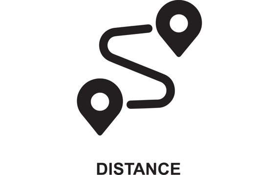 Black filled vector icon of a route with two location pins showing distance, perfect for navigation and travel graphics.