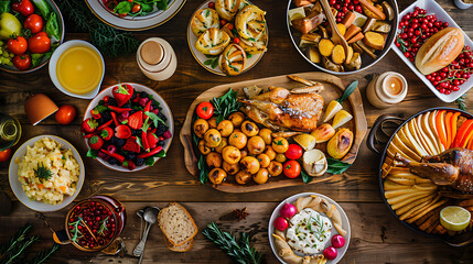 Traditional festive food arrangement rustic wooden table, featuring roasted chicken, fruits, vegetables, and various side
