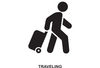 Black simple icon of a person walking with a rolling suitcase, representing travel and vacation on a white background.