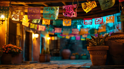 Colorful papel picado decorations hang in vibrant Mexican courtyard, creating festive atmosphere